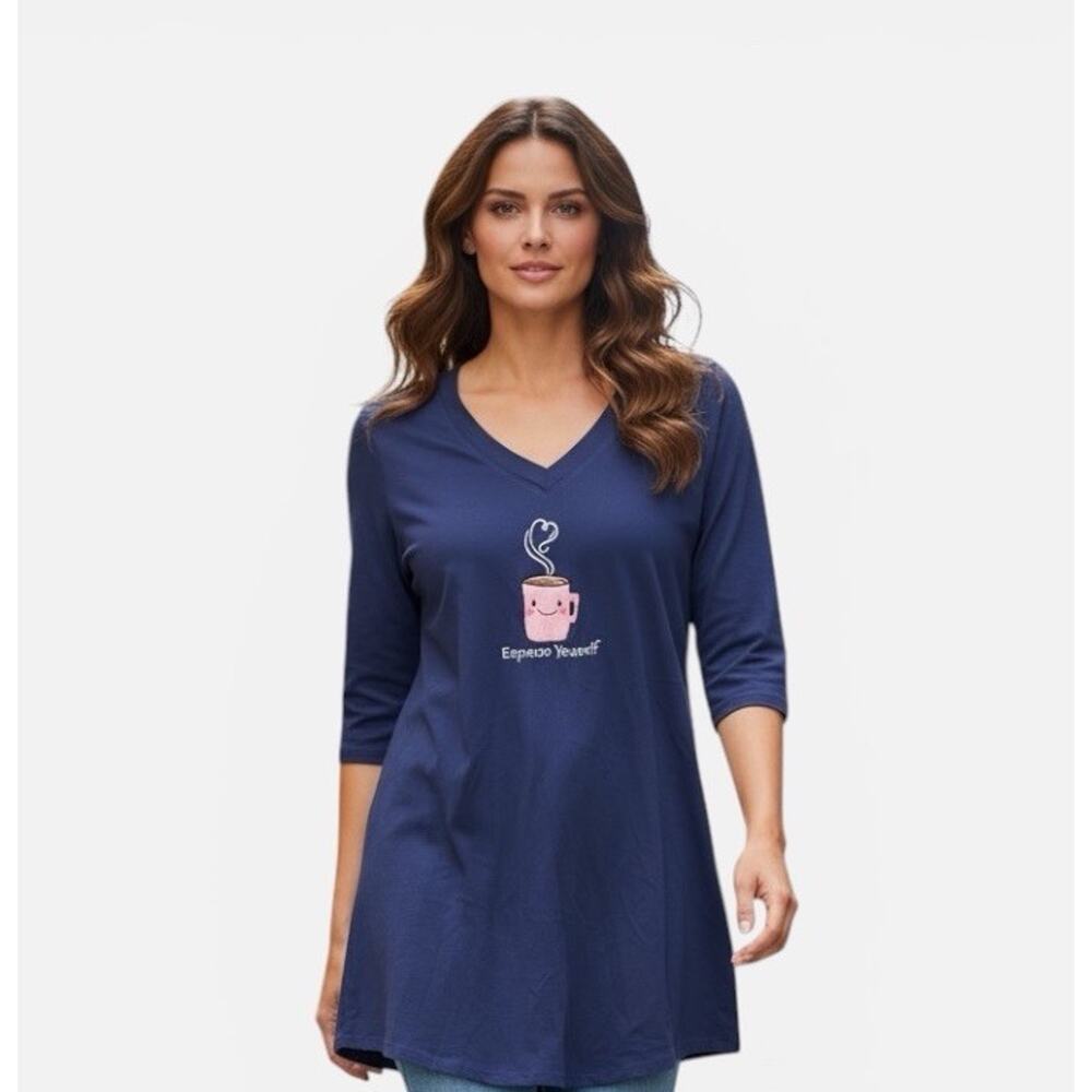 Rene Rofe ESPRESSO YOURSELF Sleepshirt Pajama Embroidered Blue Women’s MEDIUM